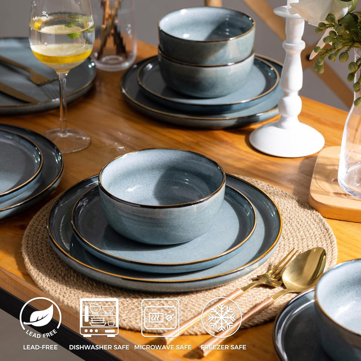 GBHOME 24 Pieces Double Bowls Ceramic Dinnerware Sets for 6, Stoneware Plates and Bowls Set with Reactive Glaze, Scratch Resistant Stoneware Dishes Set, Dishwasher & Microwave Safe