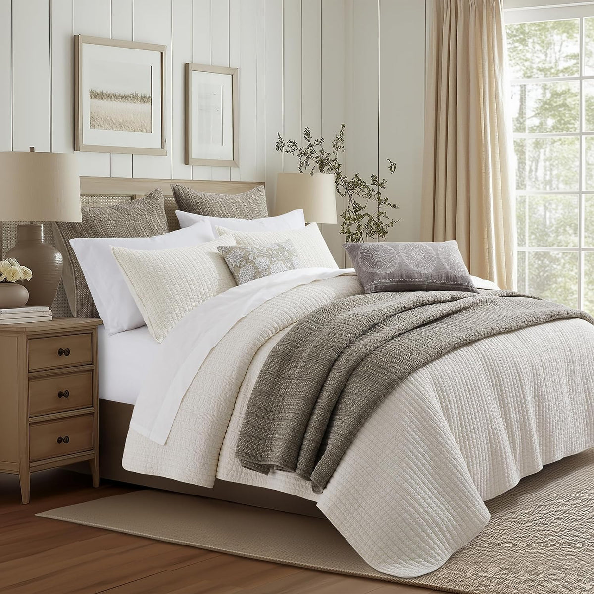 Levtex Home - Loden Quilt Set - Full/Queen Quilt and Two Standard Shams - Textured Waffle - Taupe - Quilt (88x92in.) and Shams (20x26in.) - Reversible - Cotton