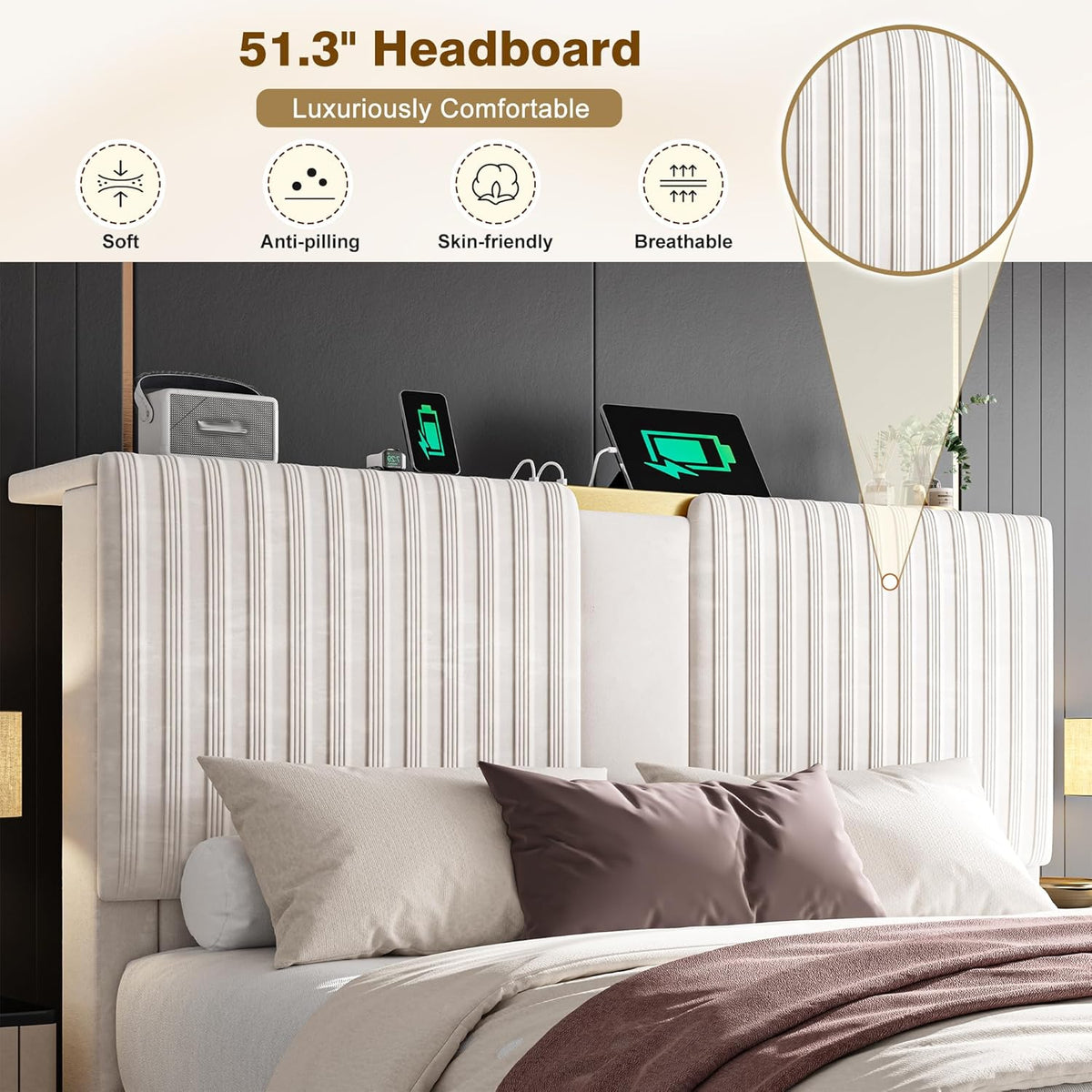 Homkdom King Size Bed Frame with Velvet Storage Headboard, 2 Large Drawers & 3 Charging Ports, 51.3' Tall King Bed Frame Featuring Sturdy Wood Slats and No Box Spring Needed, No Assembly Stress,Beige