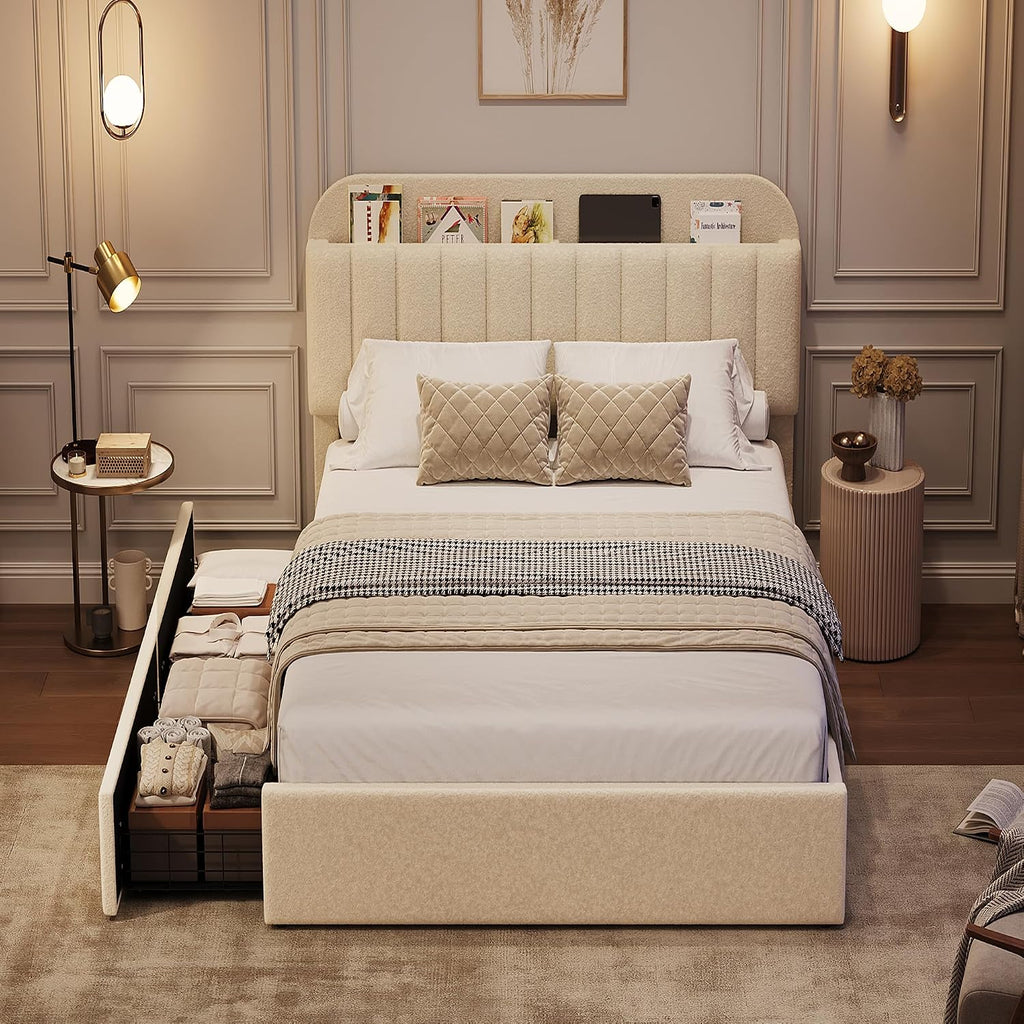 GarveeHome Twin Bed Frame with Storage Headboard, Kids Bed Frame with 2 Drawers, Boucle Upholstered Platform Bed with Bookcase, No Box Spring Needed, Easy Assembly, Ivory White