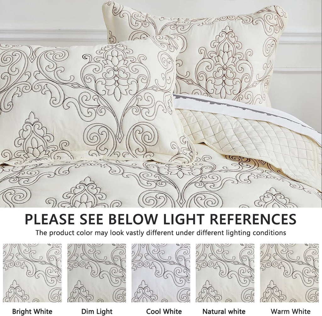 CHIXIN Bedspread Coverlet Set Queen Size - Lightweight Bedding Cover - Beautiful Stitching - 5 Piece Reversible Bedspread - Luxury Damask Paisley Pattern (Queen, Ivory)
