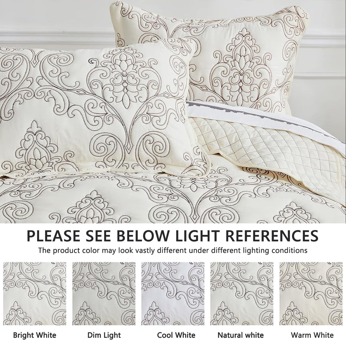 CHIXIN Bedspread Coverlet Set Queen Size - Lightweight Bedding Cover - Beautiful Stitching - 5 Piece Reversible Bedspread - Luxury Damask Paisley Pattern (Queen, Ivory)