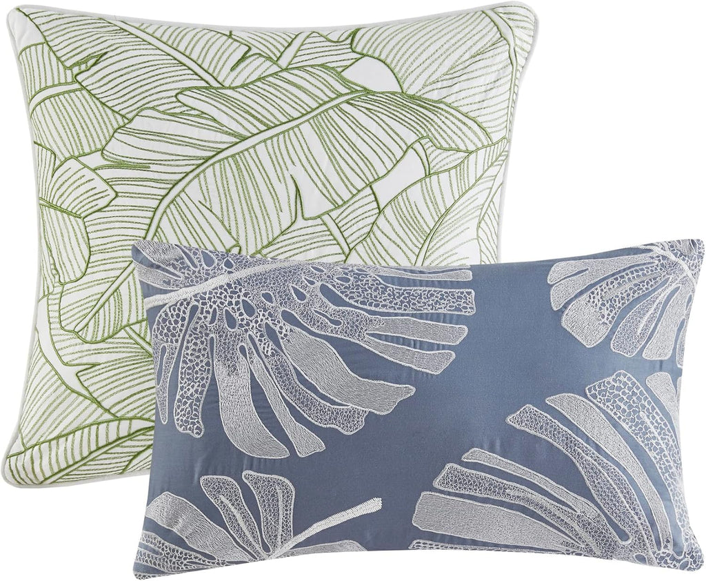 Harbor House Cozy Cotton Comforter Set - Coastal, All Season Down Alternative Casual Bedding with Matching Shams, Decorative Pillows, Lorelai, Monstera Leaf Green Queen(92'x96') 6 Piece