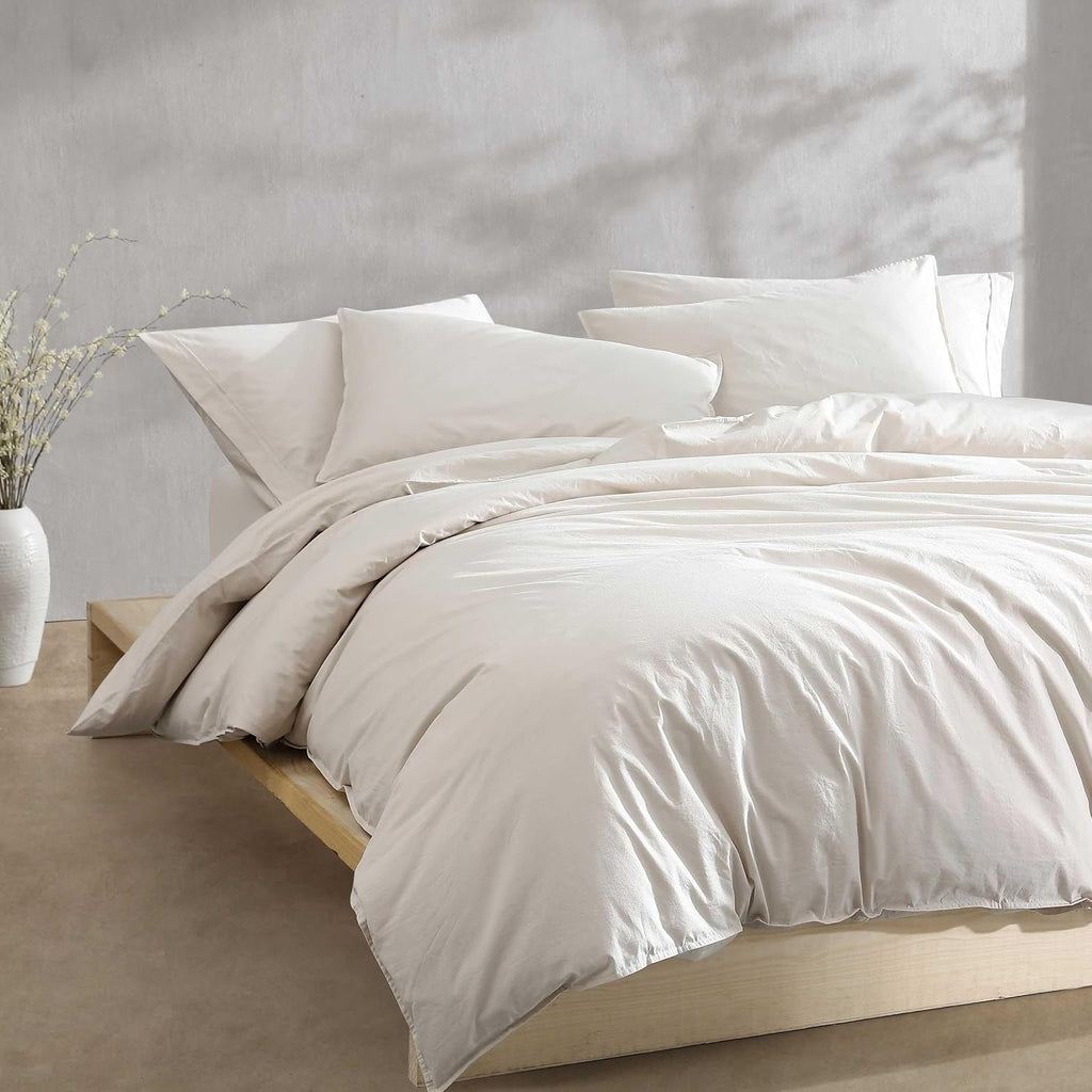 Calvin Klein - King Comforter Set, Modern Cotton Washed Percale Bedding with Matching Shams, Oeko-Tex Certified (Washed Percale Light Beige, King)
