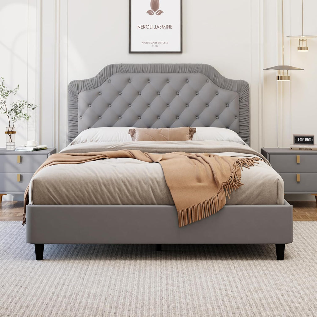 2-Pieces Bedroom Sets, King Size Tufted Velvet Upholstered Platform Bed with Storage Ottoman Bench for Kids Teens Adult Bedroom, Wood Slat Support, No Box Spring Needed (Gray-012)