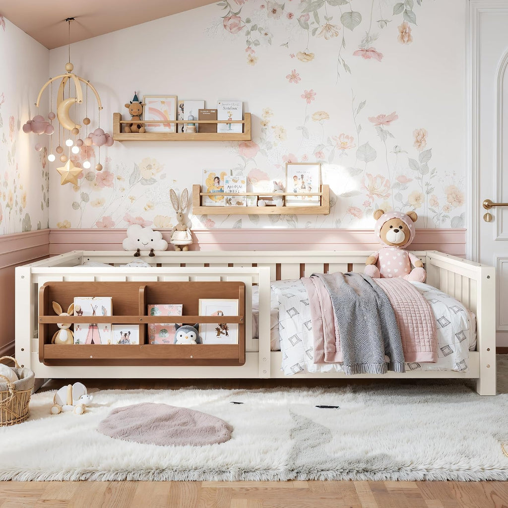 Bellemave Twin Size Montessori Floor Bed with Rails and Slats, Twin Size Floor Bed with Bookshelf and Fence, Low Profile Montessori Beds Frame for Girls, Boys, Beige