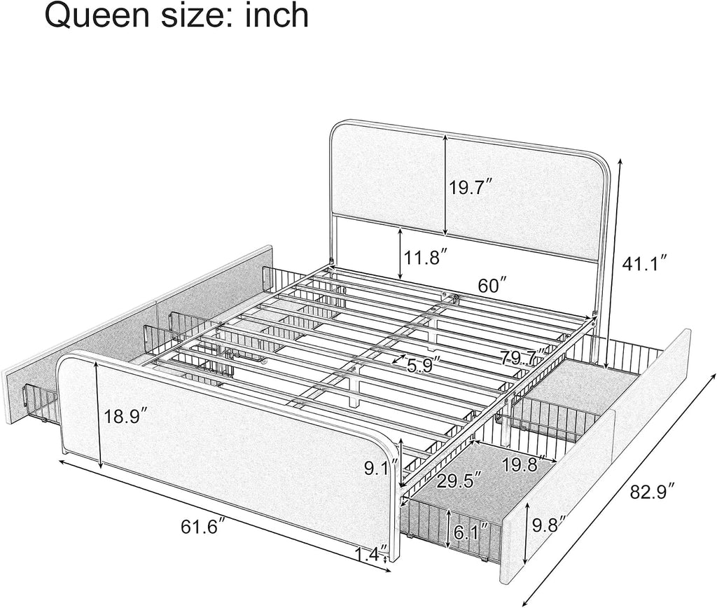 Merax Queen Size Metal Bed Frame with Curved Upholstered Headboard and Footboard, Modern Platfrom Bed & 4 Storage Drawers Under Bed, No Box Spring Needed, Easy Assembly, Beige