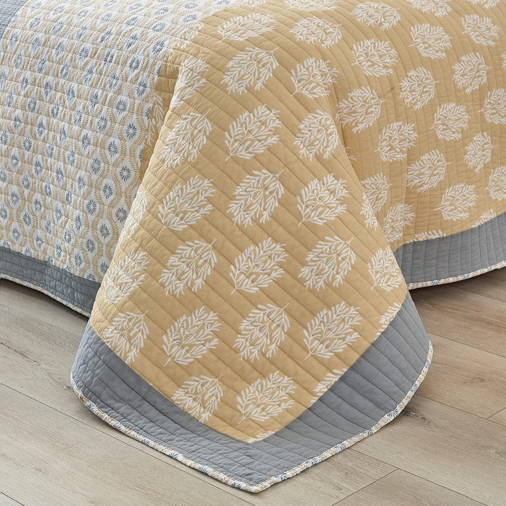 PANGUSHAN Quilt Set King Size,100% Cotton Bedspread Quilt Bedding Set,Floral Patchwork Quilt Set for King Bed,Yellow/Grey/White Bed Spread,Lightweight Comforter Reversible Quilt,All Season,3 Pieces