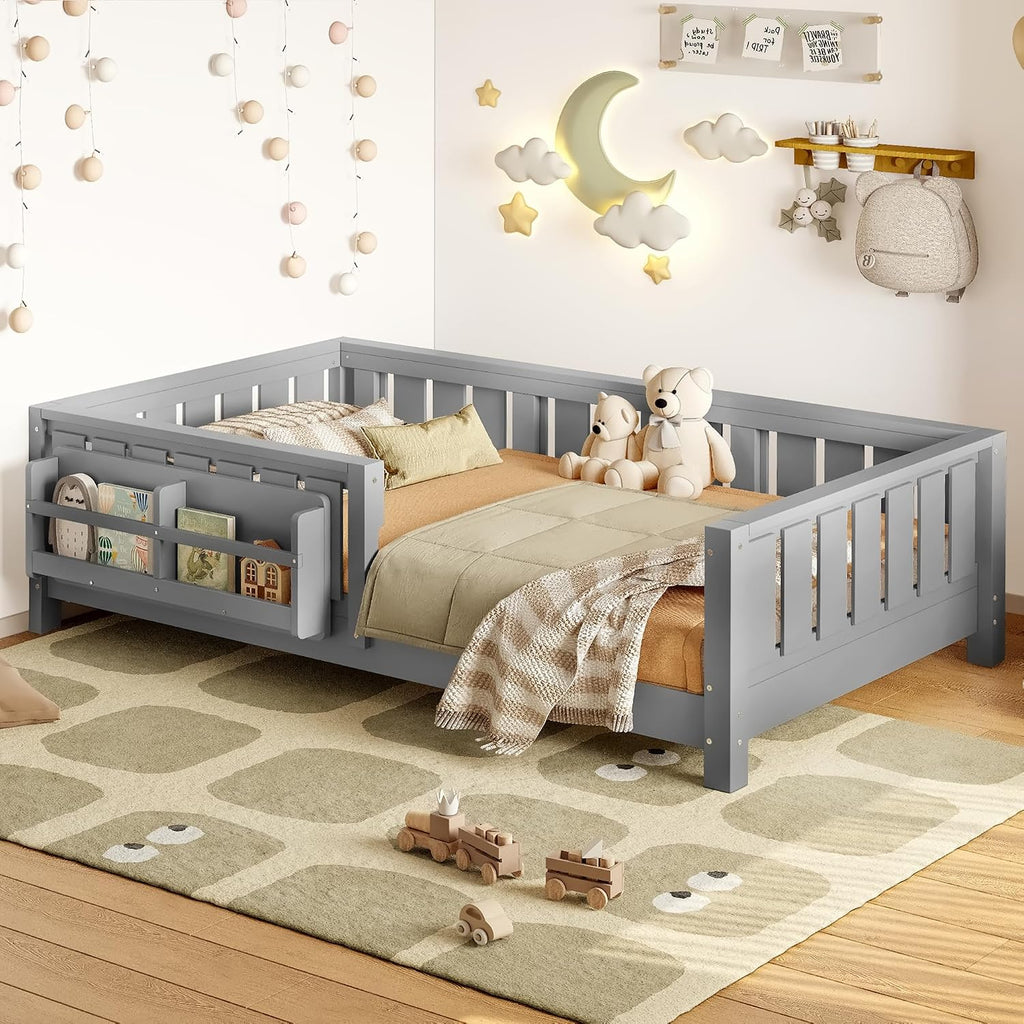 Bellemave Twin Size Montessori Floor Bed with Rails and Slats, Twin Size Floor Bed with Bookshelf and Fence, Low Profile Montessori Beds Frame for Girls, Boys, White