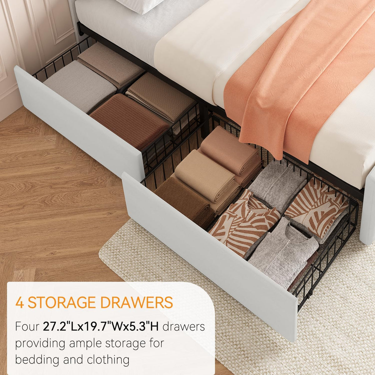 GarveeHome Full Size Bed Frame with 4 Storage Drawers and Headboard, Faux Leather Upholstered Platform Bed Frame with Wooden Slats Support, Button Tufted Design, No Box Spring Needed, Beige
