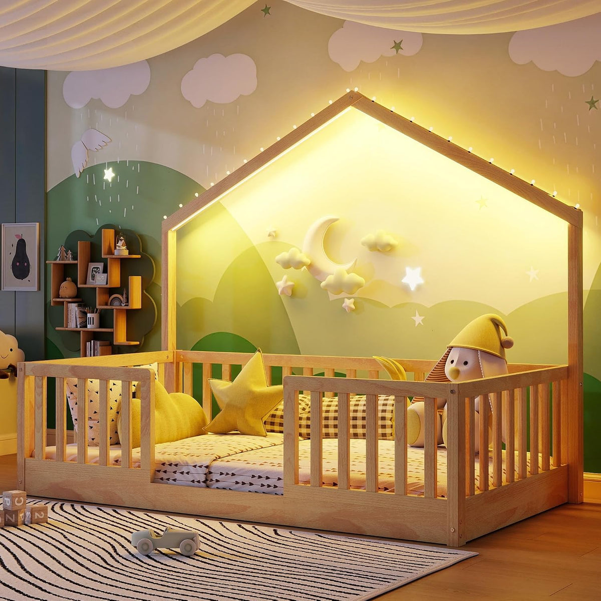 Twin Size House Bed for Kids, Low Profile Montessori Bed Twin with High Railings, Wood House Shape Montessori Beds with Light & Roof for Kids, Natural