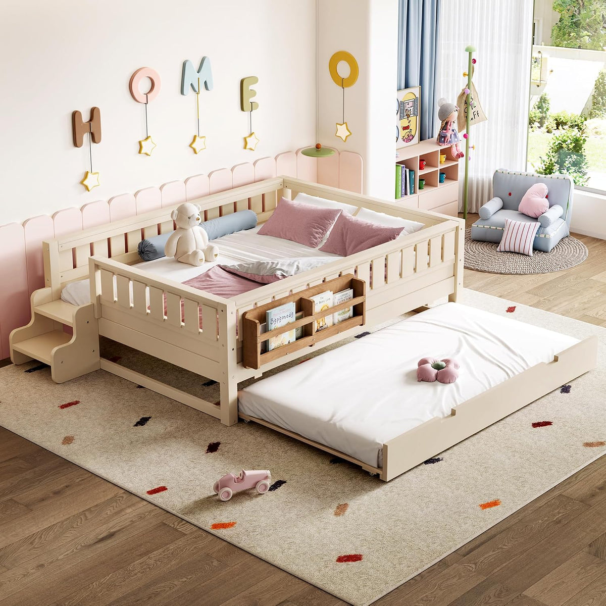 Bellemave Full Bed with Trundle and Stairs, Full Size Platform Bed Frame with Fence and Bookshelf, Easy Assemble Beds for Kids, Girls, Boys, Beige