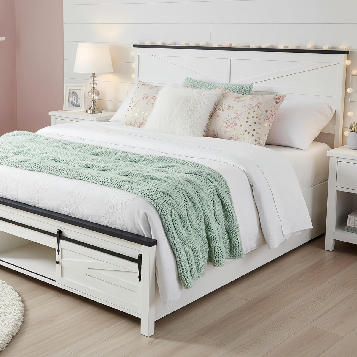 ACCOHOHO Farmhouse Queen Size Bed Frame with Barn Door Storage, Platform Bed Frame with Headboard, Rustic Bed, Solid Wood Slats Support/Noiseless/No Box Spring Needed (White)