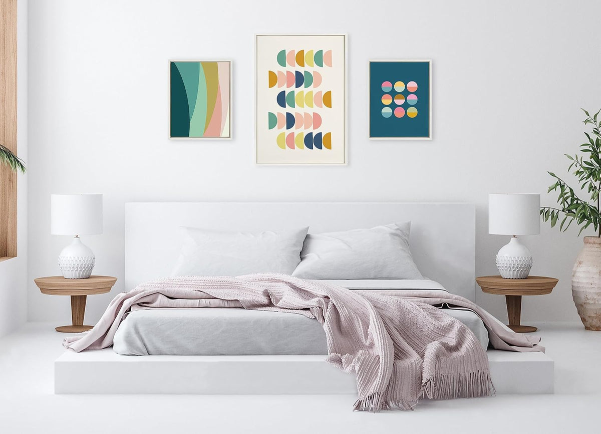 Kate and Laurel Sylvie Simple Shapes in Soft Colors Framed Canvas Wall Art Set by Apricot and Birch; Set of 3; White Frames; Modern Abstract Colorful Art for Wall