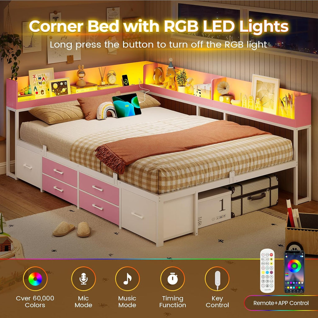VIAGDO Corner Bed Frame Full with Storage Bookcase and 6 Drawers, Metal Platform Corner Bed Frame with LED Lights and Charging Station, Full Daybed for Kids Teenagers, Pink