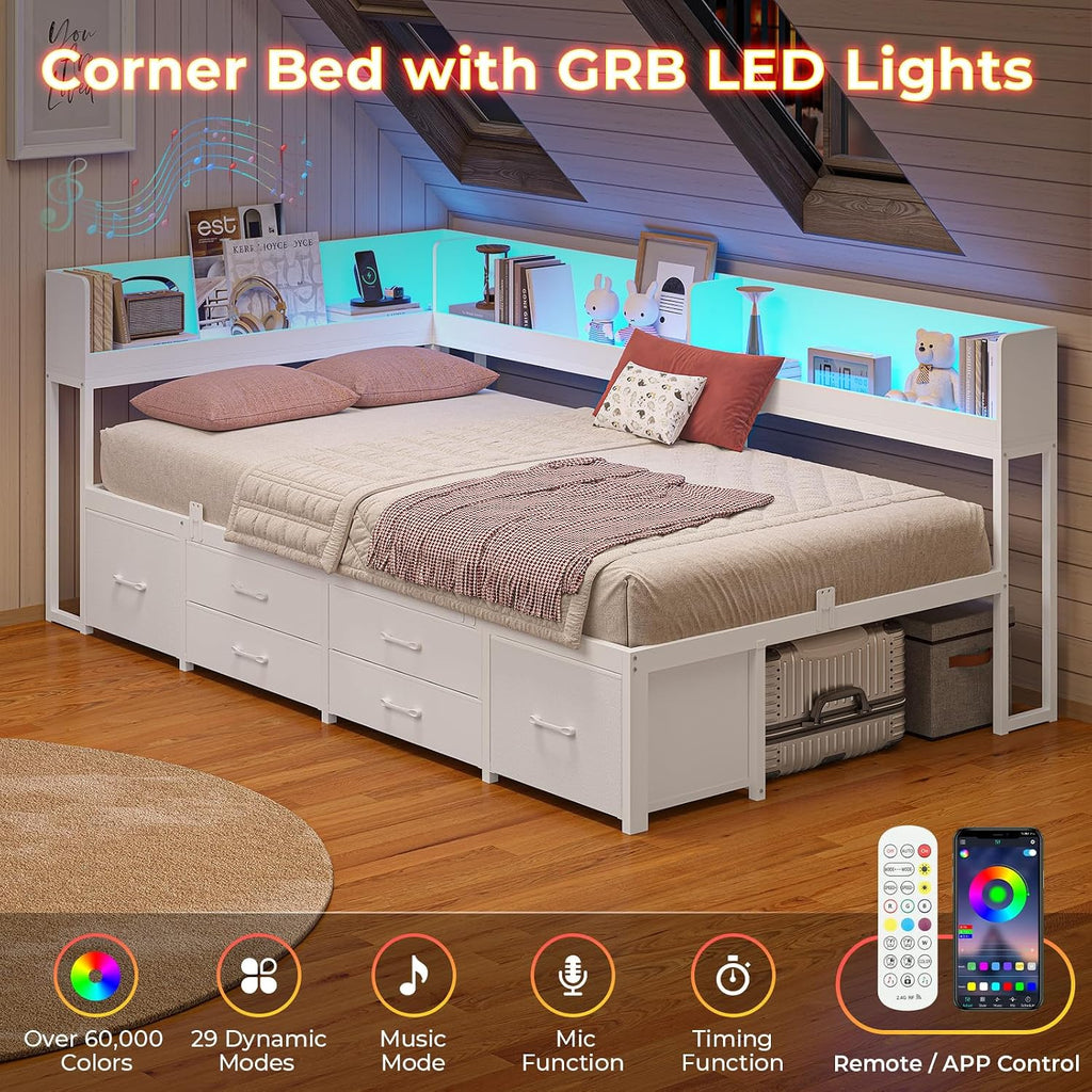 MSmask 14 Inch Corner Bed Frame with Bookcase Storage, Twin Daybed with 6 Drawers, Charging Station and LED Light, Twin Size Metal Platform Bed Frame, No Box Spring Needed, White