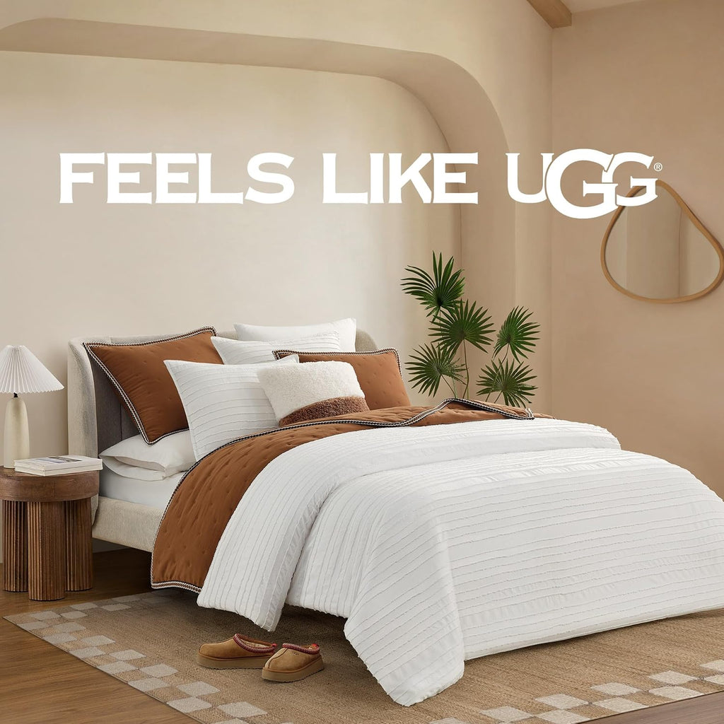 UGG Textured King Comforter Set - 3 Piece Striped Reversible Queen Bedding Set with Pillow Shams, Stylish Soft & Luxurious White Bed Set for Home & Bedroom (King)