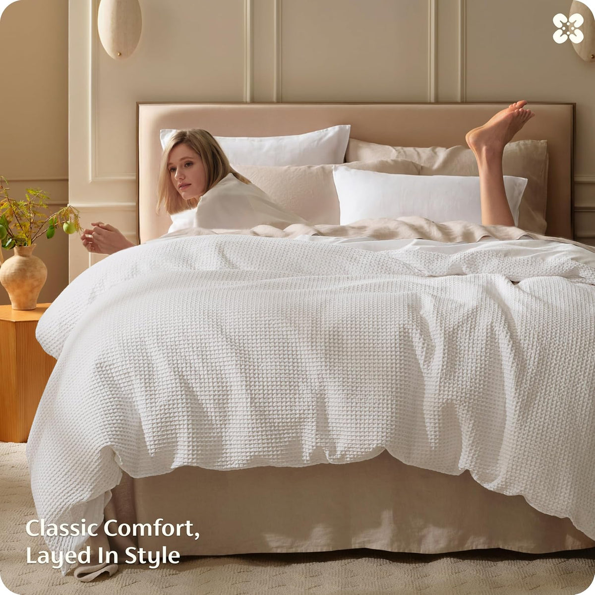 Bedsure Cotton Duvet Cover Oversized King Size - 100% Cotton Waffle Weave Snow White Duvet Cover, PureWoven Textured Breathable Bedding Comforter Cover for All Season, 1 Duvet Cover Only 120'x98'