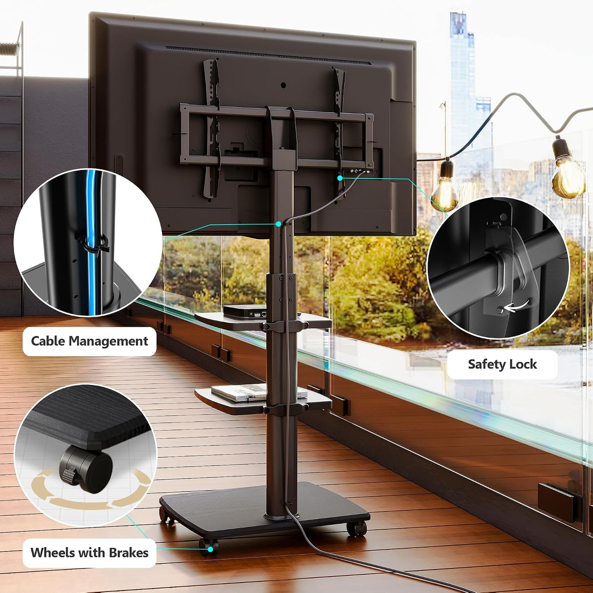 FITUEYES Swivel Rolling TV Stand, Height Adjustable Mobile TV Cart for 32-65 70 Inch TVs, Corner Floor TV Stand for Bedroom, Living Room, Home Office, Kitchen, Black