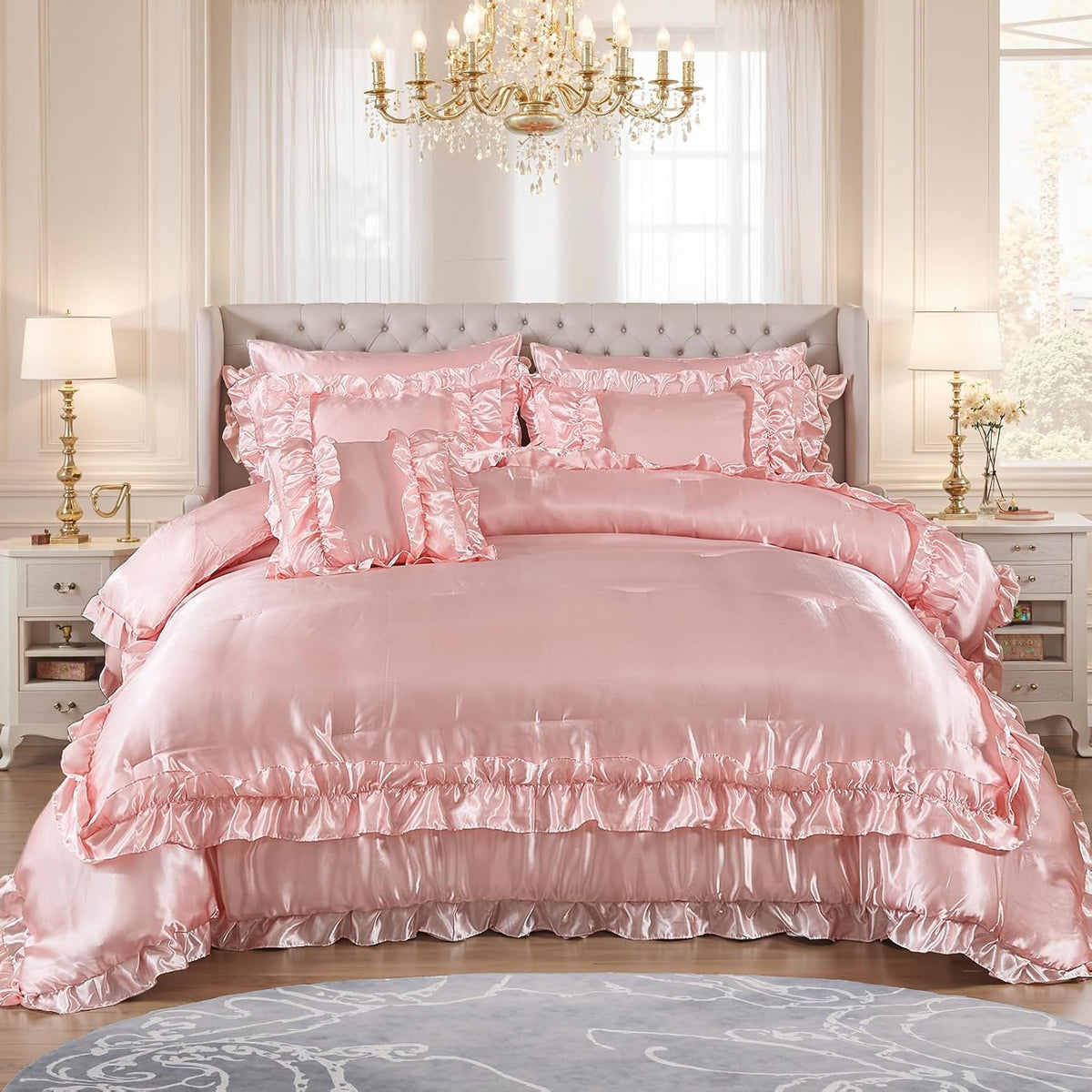 MOVE OVER Satin Comforter King Size 8 Pieces Pink Silky Satin Comforter Set with Sheet Set Luxurious Pink Ruffled Bedding Comforter Set Super Silky Soft Silk Like Satin Bed Set for All Season