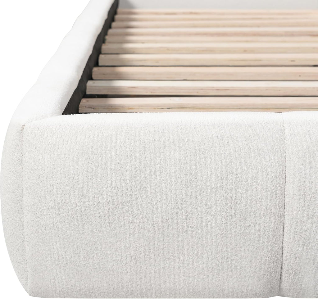 JIJIWANG King Size Upholstered Platform Bed Frame with Soft Boucle Fabric Headboard, Wooden Slats Support, No Box Spring Needed,Easy Assembly, White