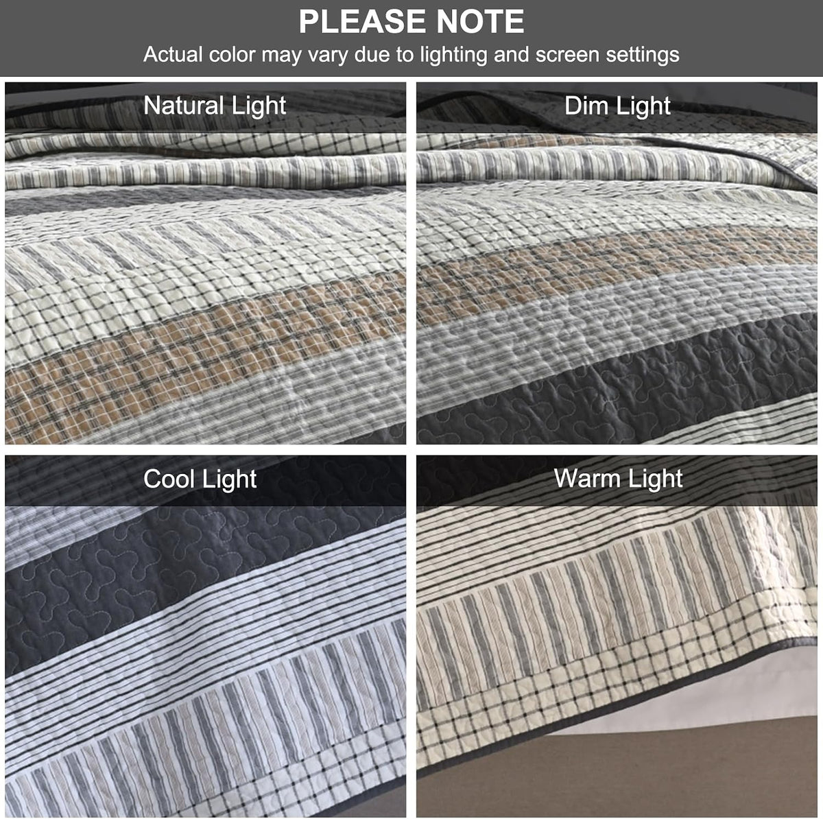 PANGUSHAN 100% Cotton Quilt Set King Size, Patchwork King Quilt Bedding Set Bedspreads, Farmhouse Lightweight Comforter Reversible Quilt, White/Brown/Grey Bed Spread for All Season, 3 Pieces