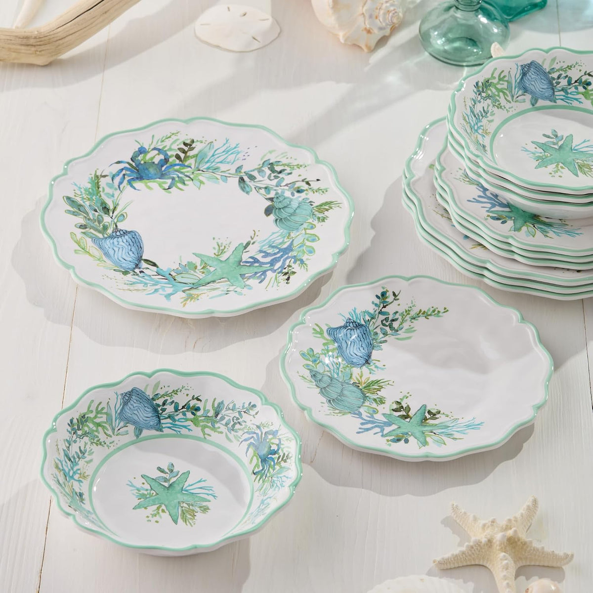 Sea Glass 12 Pc. MELAMINE DINNERWARE SET, SERVICEfor 4, coastal mix‑and‑match plates and bowls with ocean motifs, ideal for indoor outdoor dining, beach homes, patios, poolside meals