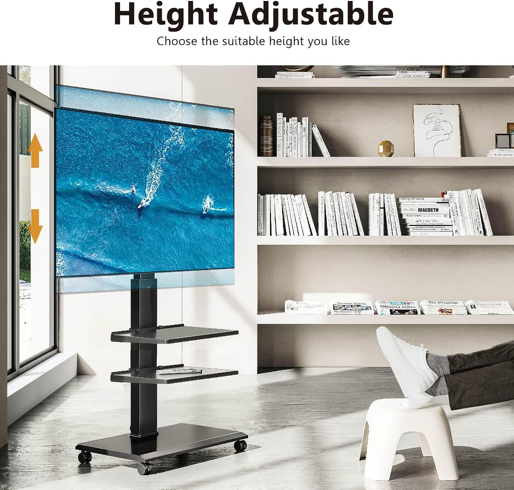 FITUEYES Rolling TV Stand for 32-75 Inch TVs - Height Adjustable Portable TV Stand on Wheels, 20 Degree Left/Right Swivel and 90 Degree Vertical and Horizontal Rotation up to 88lbs