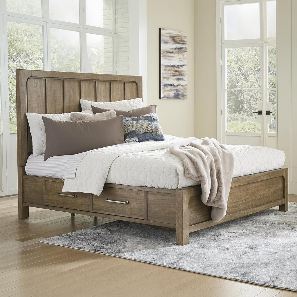 Signature Design by Ashley Cabalynn Modern 4-Drawer Queen Platform Bed with Storage, Foundation or Box Spring Not Needed, Light Brown