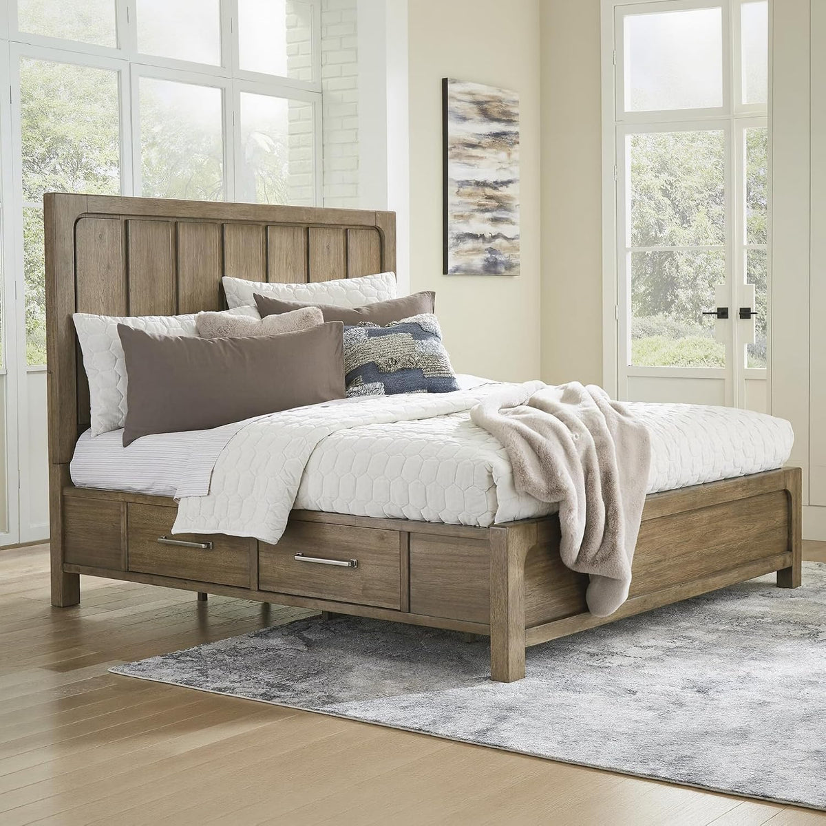 Signature Design by Ashley Cabalynn Modern 4-Drawer Queen Platform Bed with Storage, Foundation or Box Spring Not Needed, Light Brown
