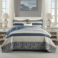 Uniclinens 100% Cotton Quilts Queen Size, Lightweight Botanical Striped Queen Quilt Bedding Set, Vintage Chic Reversible Quilted Bedspreads Coverlet Set, All Season, 3 Pieces, Navy Blue/Gray/Kharki