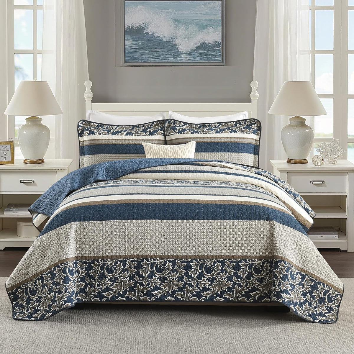 Uniclinens 100% Cotton Quilts Queen Size, Lightweight Botanical Striped Queen Quilt Bedding Set, Vintage Chic Reversible Quilted Bedspreads Coverlet Set, All Season, 3 Pieces, Navy Blue/Gray/Kharki