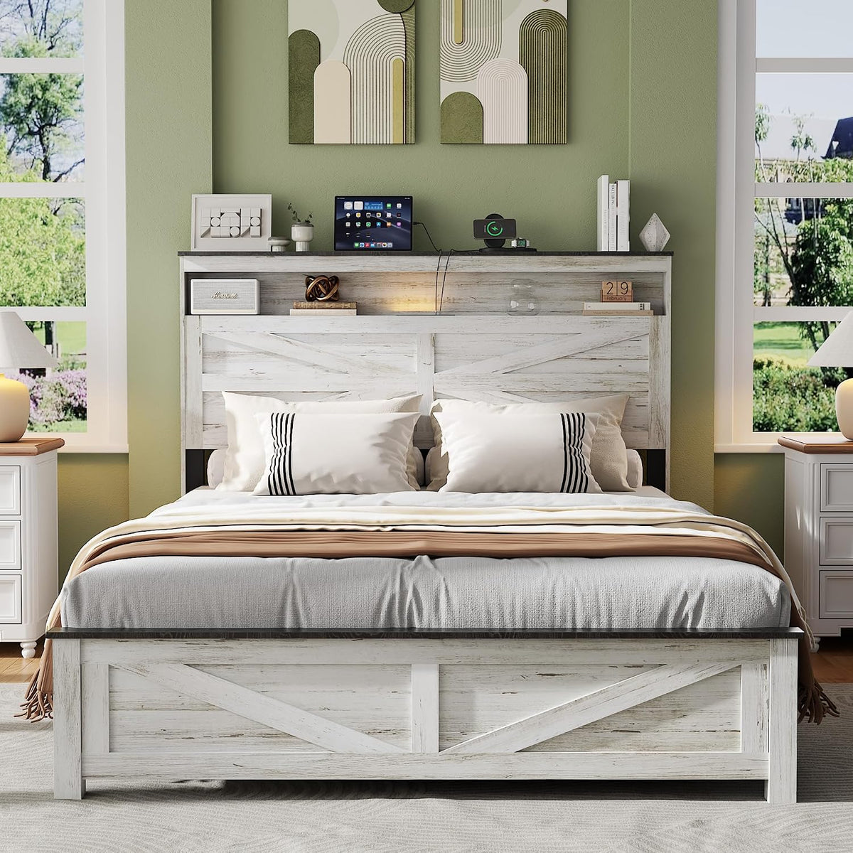 Farmhouse Full Size Bed Frame with Headboard Storage, Wood Platform Bed Frame with LED Lights & Charging Station, No Box Spring Needed, Noise-Free Sturdy Structure, Rustic White