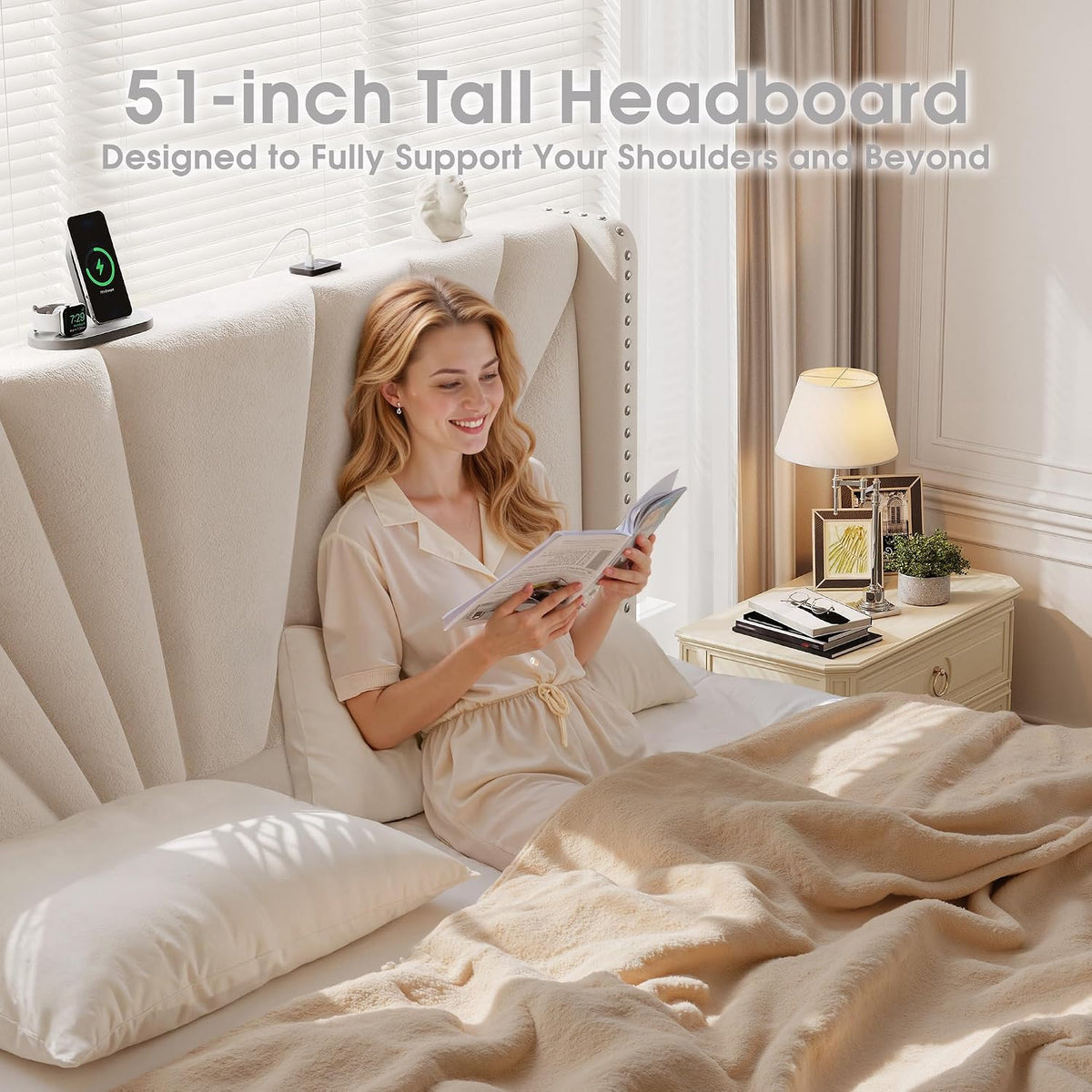 EnHomee Full Size Bed Frame with 51' Tall Velvet Wingback Headboard, LED Lights, and Charging Station, Noise-Free Platform Bed with Spacious Underbed Space, Beige