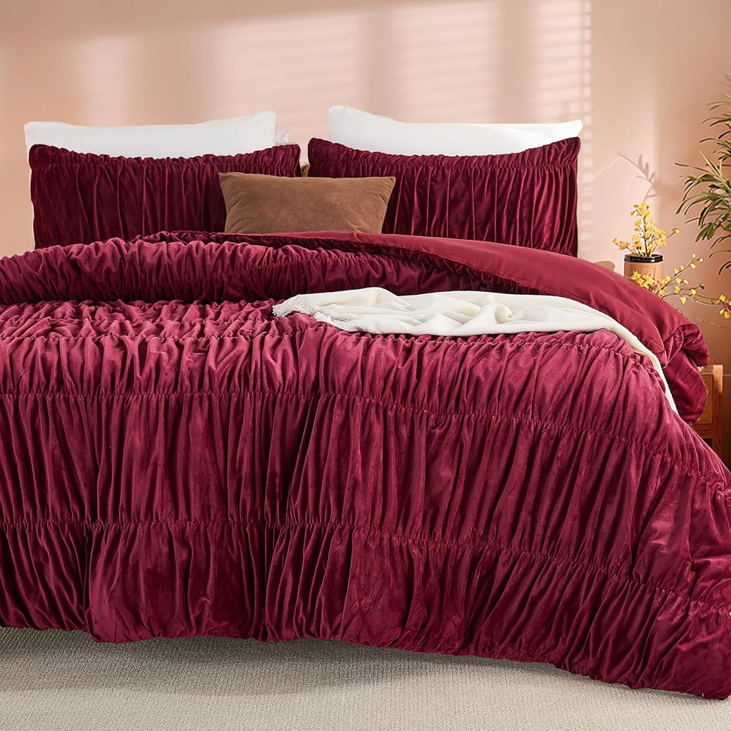 Bedbay Burgundy Velvet Queen Comforter Set,Boho Shabby Chic Ruched Bedding Comforter,Aesthetic Vintage Bedding Fluffy Ruffle Comforter Set,Ultra Soft Velvet Chenille Quilt Set,Red Full/Queen 3 Piece