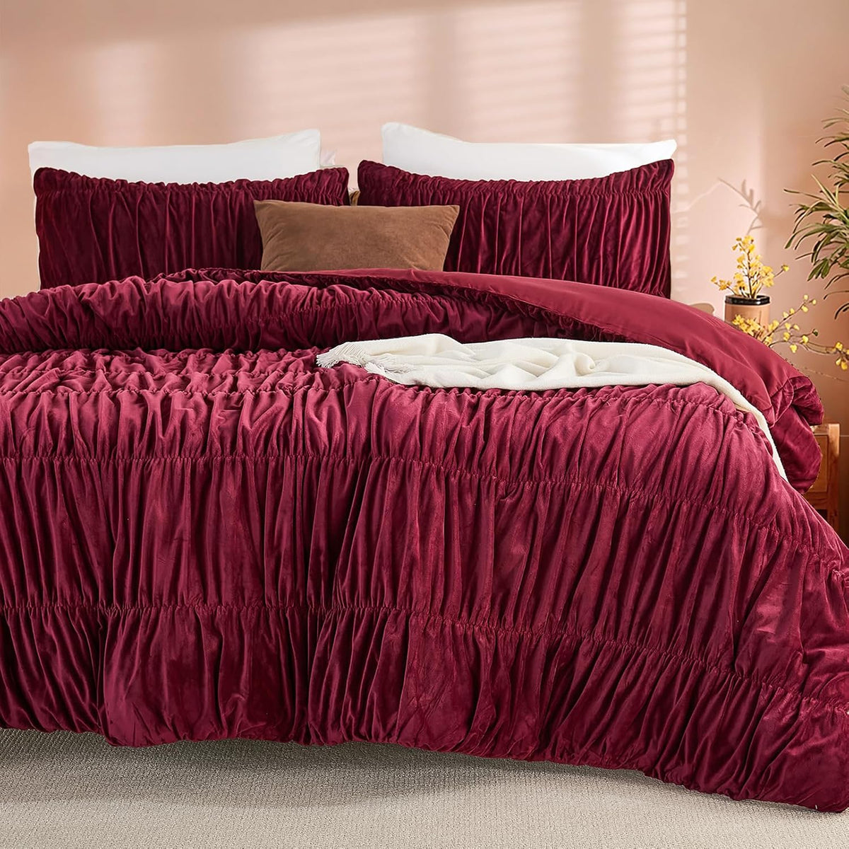 Bedbay Burgundy Velvet King Comforter Set,Boho Shabby Chic Ruched Bedding Comforter,Aesthetic Vintage Bedding Fluffy Ruffle Comforter Set,Ultra Soft Velvet Chenille Quilt Set,Red King 3 Piece