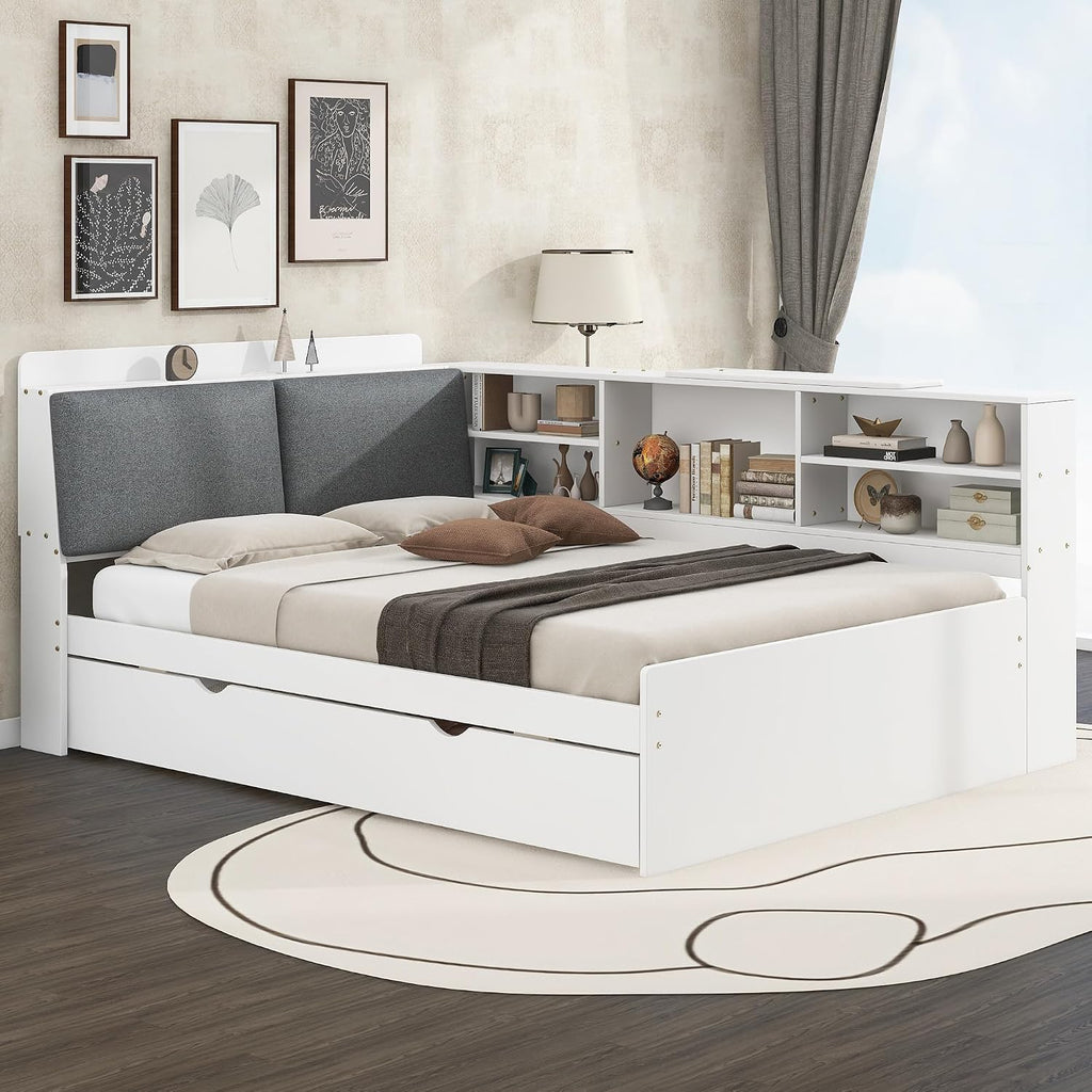 Merax Corner Full Bed Frame, Wood Platform Bed with Storage Headboard, Full Size Daybed with Trundle and Rotatable Storage Board for Living Room,Bedroom,Guest Room,White