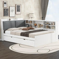 Merax Corner Full Bed Frame, Wood Platform Bed with Storage Headboard, Full Size Daybed with Trundle and Rotatable Storage Board for Living Room,Bedroom,Guest Room,White
