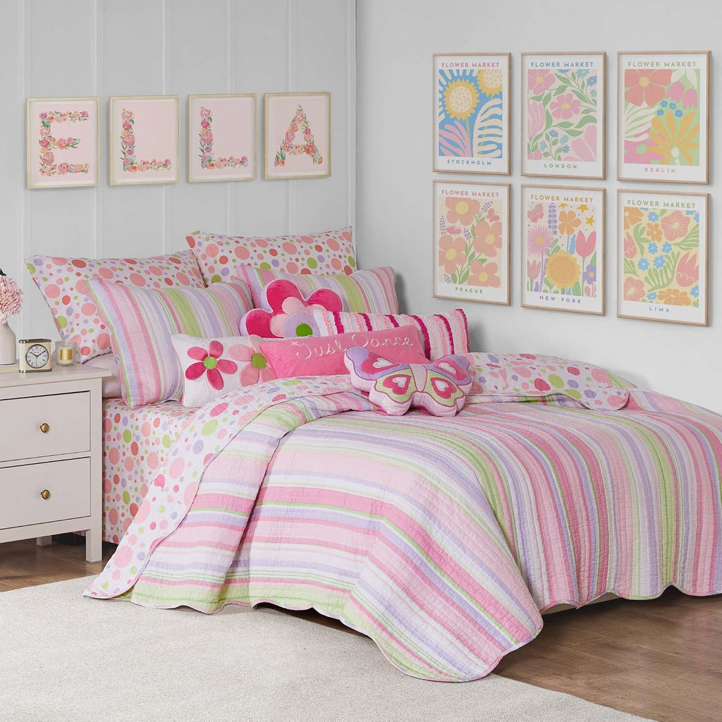 Levtex Home - Merrill Quilt Set - Full/Queen Quilt and Two Standard Shams - Striped - Pink, Green, and Purple - Quilt (86x86in.) and Shams (20x26in.) - Reversible - Cotton