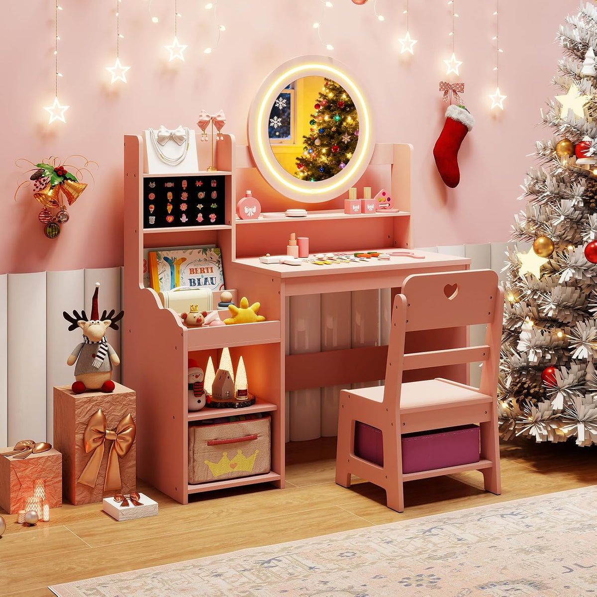 HONEY JOY Kids Vanity with Lights, Wooden Princess Makeup Dressing Vanity Desk with Jewelry Storage, Open Shelves, 2 in 1 Toddler Vanity Table & Chair Set with Lighted Mirror for Little Girls(Pink)