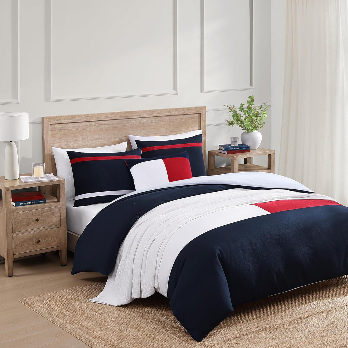 Tommy Hilfiger - King Comforter Set, Ultra-Soft Seersucker Bedding with Matching Shams, Reversible Design, Medium Weight, Americana Decor with Flag Design (Iconic Anniversary Blue)