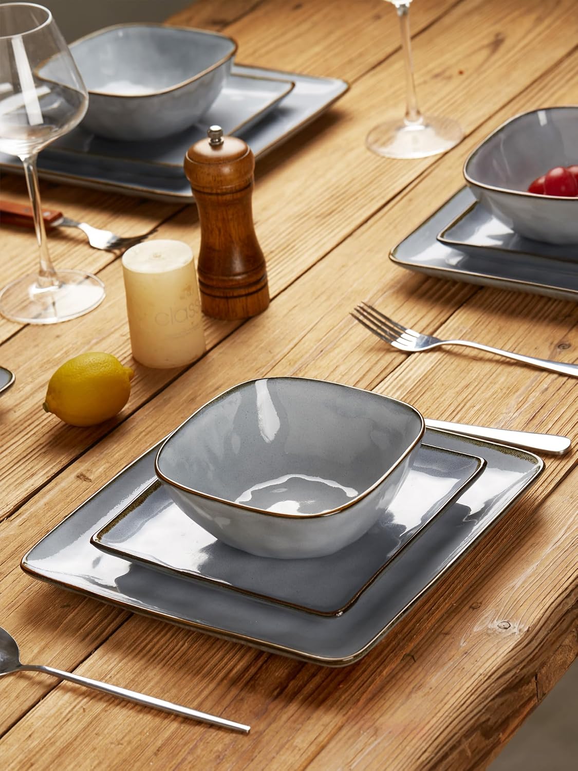Famiware Ocean Square 12 Pieces Dinnerware Set + 6 Pieces Oval Dipping Bowl Set, Microwave and Dishwasher Safe, Blue