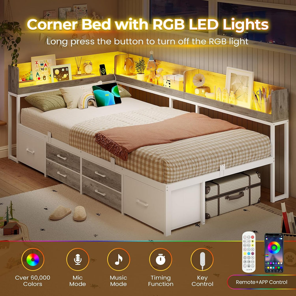 VIAGDO Corner Bed Frame with Storage Bookcase and 6 Drawers, Twin XL Metal Platform Corner Bed Frame with LED Lights and Charging Station, Twin XL Daybed for Kids Teenagers, White & Grey