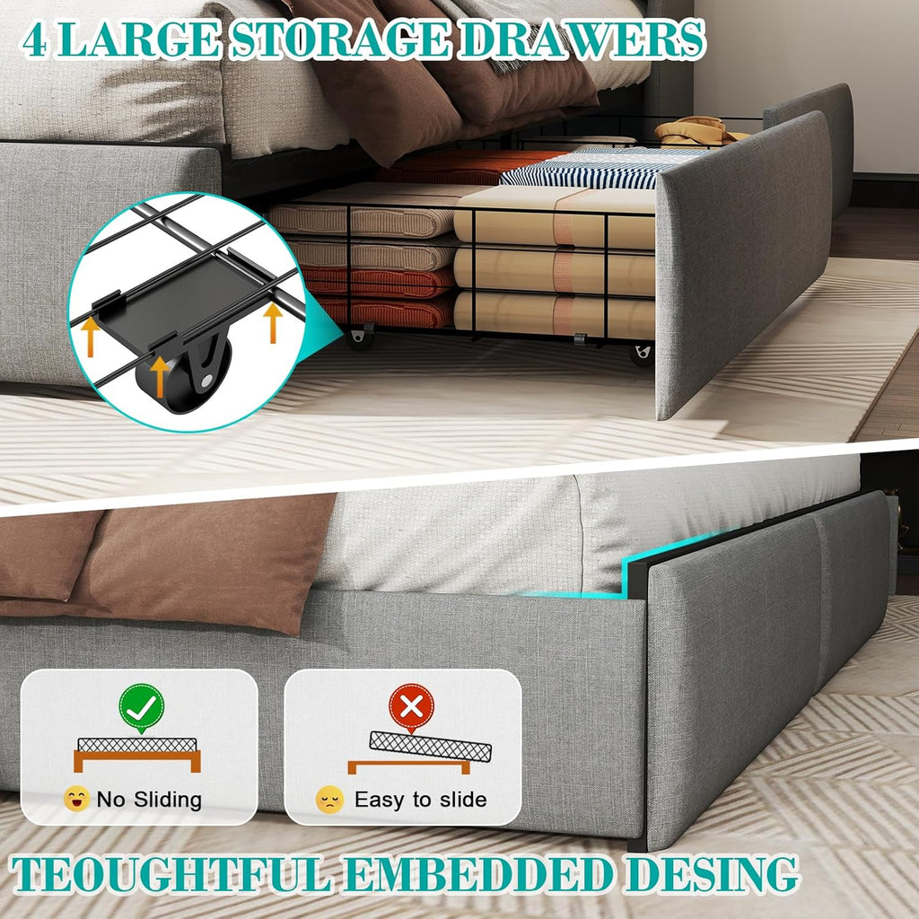 Doltoro Queen Size Bed Frame with Headboard and 4 Storage Drawers, Upholstered Wingback Metal Platform Bed with LED Lights and Charging Station, No Box Spring Needed, Noise Free, Easy Assembly, Gray