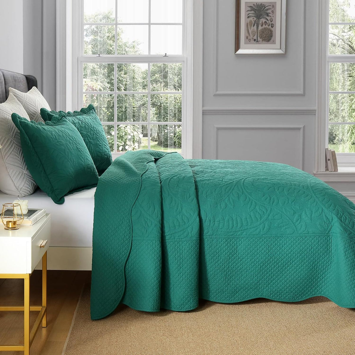 MarCielo 3-Piece 100% Cotton Oversized Bedspread Lightweight Quilt Coverlet Embroidery Farmhouse Bedding Set T0 (Emerald, Oversized Queen (100'x106'))