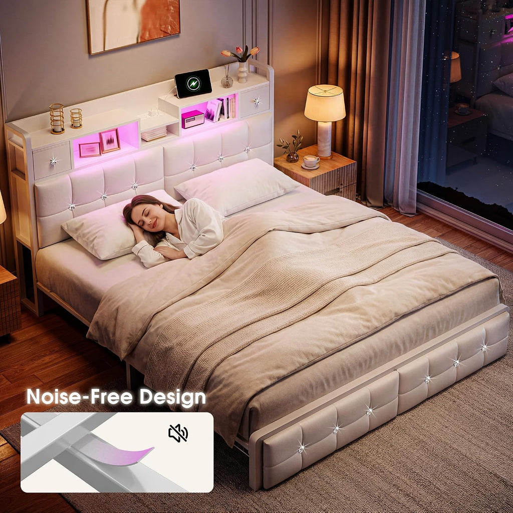 Homkdom Full Size Bed Frame with Hidden Storage - 4 Drawers,Diamond-Tufted Upholstered Headboard,LED Lights & Charging Station,1100 LBS Heavy Duty,No Box Spring Needed,Modern,White