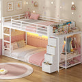 ADORNEVE Low Bunk Bed Twin Over Twin with Bookshelf, 4 Storage Drawers, Metal Kids Bunk Bed with Power Outlet & RGB Lights, Clothing Rack & Shelves, Safety Guardrail & Ladder, White
