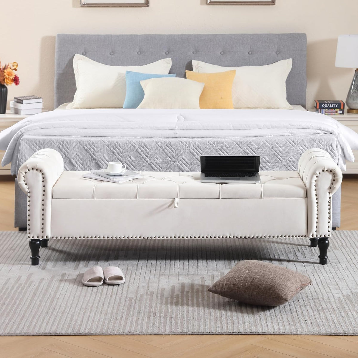 Velvet Storage Bench 67 Inch Upholstered Tufted Ottoman Bench with Arms Large Storage Space King Size End of Bed Benches for Bedroom Living Room Entryway Beige