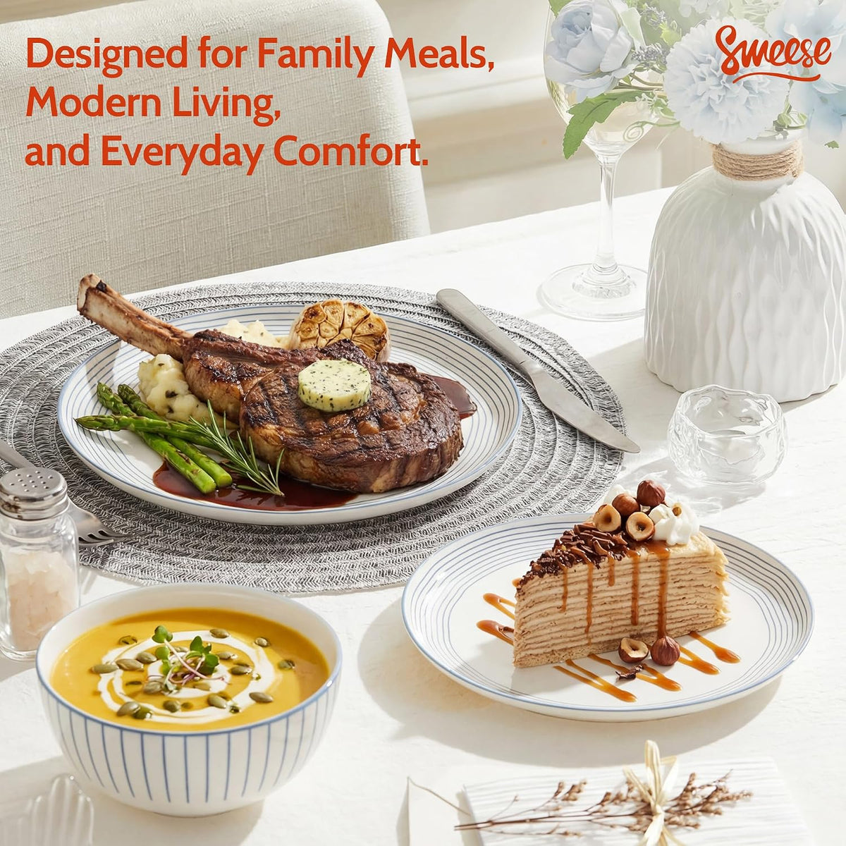 Sweese Lightweight Dinnerware Sets, Plates and Bowls Set for 6, 18 Pieces Stripe Dishes - Chip and Scratch Resistant, Microwave and Dishwasher Safe Porcelain Dinner Sets, Blue