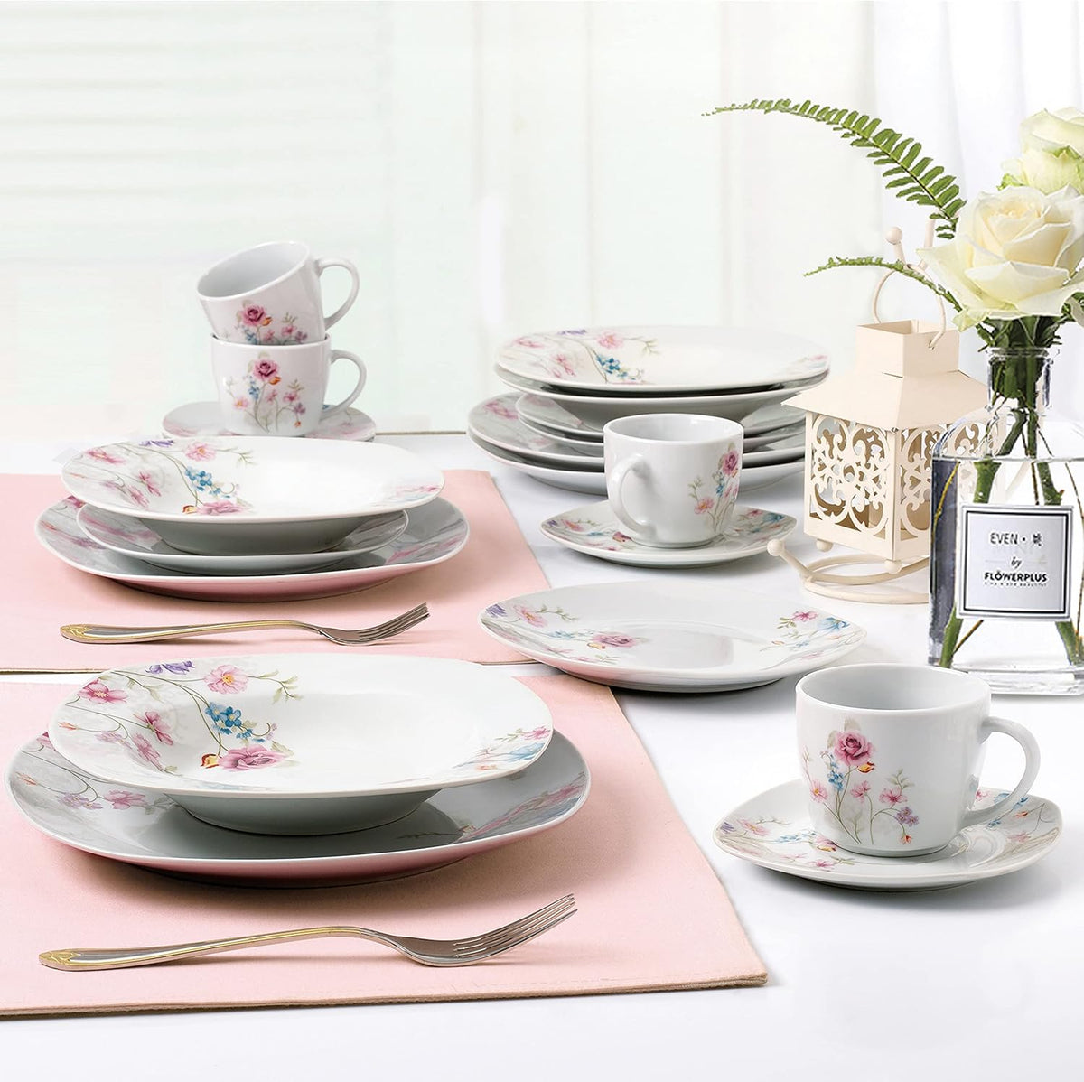 Stylish and Elegant 20 Pieces Porcelain Square Dinnerware Set Service for 4 People for Hosting Parties and Events - Small Floral Design